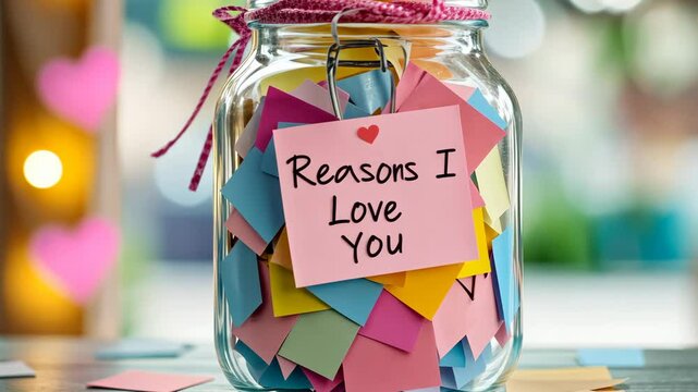 Colorful jar of love notes illuminated by heartshaped bokeh lights