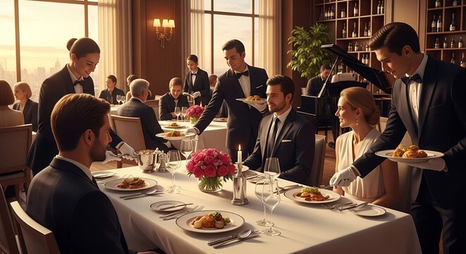 Fine Dining Restaurant Scene Elegant Dinner Party Waiters Serving Food