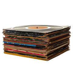 Fototapeta premium Vintage vinyl records stacked neatly, showcasing colorful album covers and classic turntable on top, evoking nostalgia and musical memories