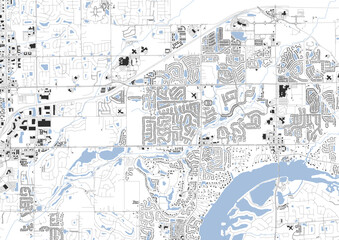 Fishers zoomed map, highlighting detailed highways, buildings, and waterways. Vector illustration for urban planning or architecture.