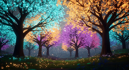 Fototapeta premium Enchanted Forest Glowing Trees and Magical Meadow