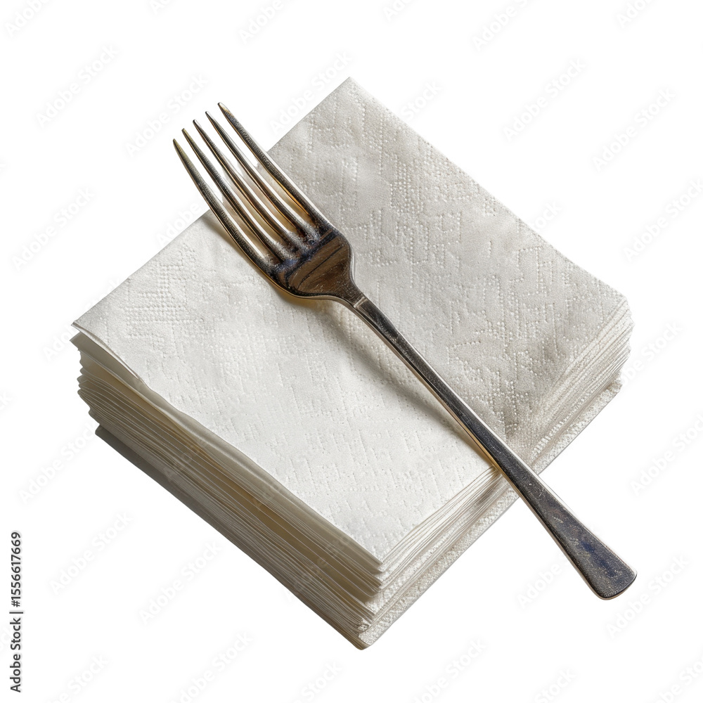 Poster stack of white napkins with silver fork resting on top, creating clean and elegant dining presentati