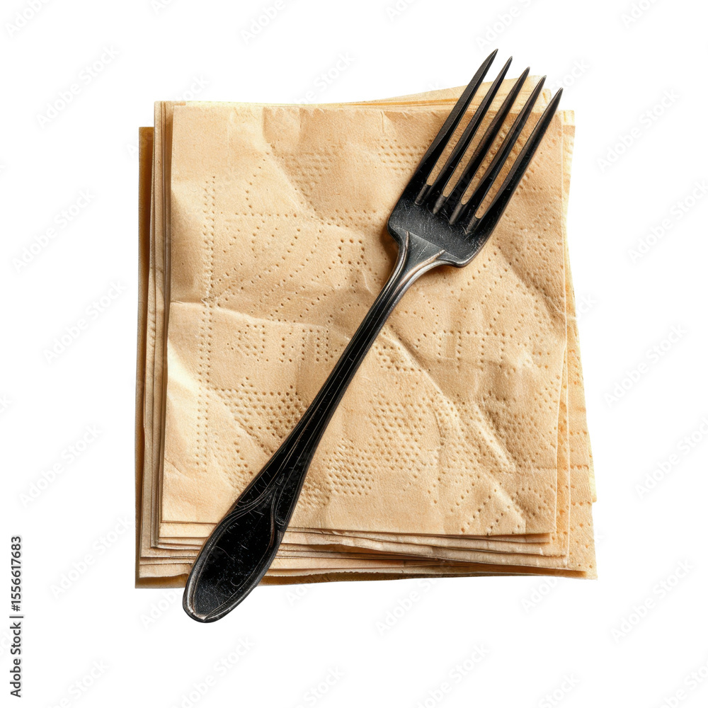 Poster stack of brown napkins with silver fork resting on top, creating simple yet elegant dining setup