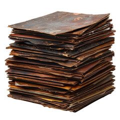 Old, weathered stack of papers with rustic appearance, showcasing various textures and colors, evoking sense of nostalgia and history