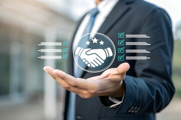 Trust partnership concept with businessman holding digital handshake icon, representing reliable cooperation, strategic success, long-term business relationships, B2B marketing, consulting.