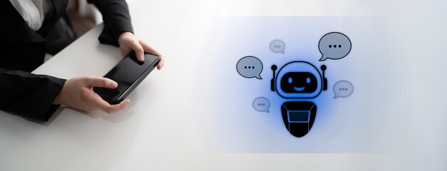 AI chatbot virtual assistant interacting with users through AI conversation bubbles, symbolizing AI...