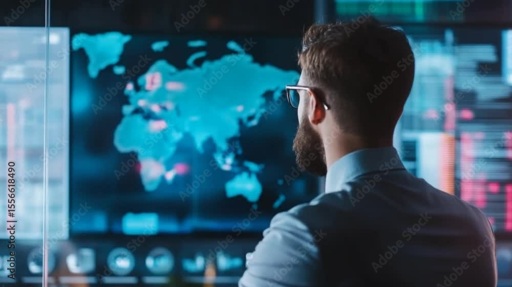 Poster data analyst examining global network connections on a high-tech interface