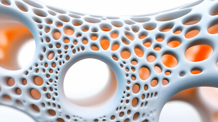 Close-up a digitally rendered abstract 3D structure interconnected cavities a light blue orange color palette.