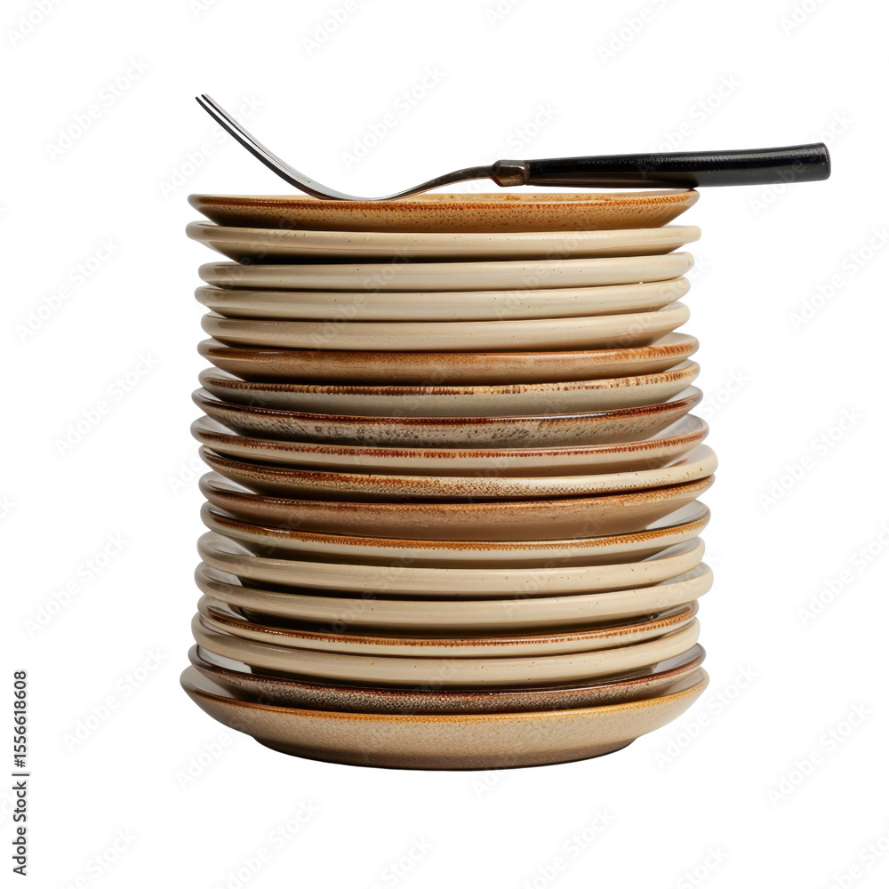 Poster stacked plates with fork resting top create visually appealing kitchen scene. earthy tones and textu