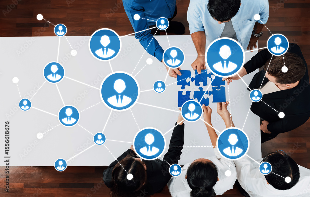 Poster A dynamic scene showcasing a diverse team engaged in collaborative networking as they work on a puzzle, symbolizing connection, partnership, and innovative problem-solving. Amity