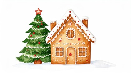 Watercolor gingerbread house and Christmas tree (1)