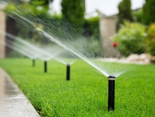 Automatic pop-up sprinklers watering a lush lawn, spraying arcs of water in a backyard.