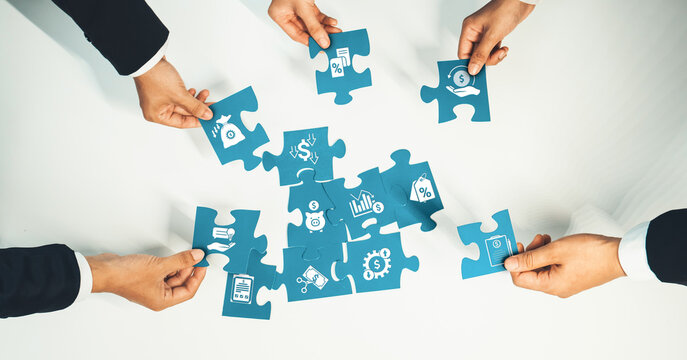 Top view panorama banner of business team assembling jigsaw puzzle over table symbolize business partnership and collective teamwork for HR recruitment and job seeker background. Shrewd Amity