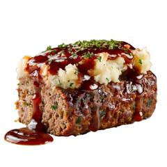 Delicious meatloaf topped with savory sauce and creamy mashed potatoes, garnished with herbs, perfect for comforting meal