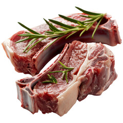 Fresh meat cuts with rosemary sprigs, showcasing rich red color and marbling, perfect for culinary dishes