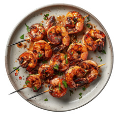 Fototapeta premium Grilled shrimp skewers with savory glaze, garnished with herbs and spices, create delicious and appetizing dish