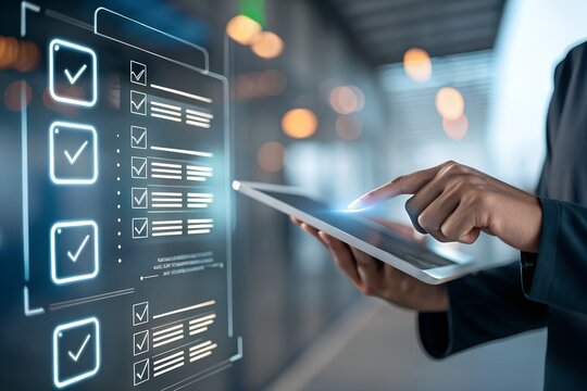 Digital feedback form interface, Businessman interacting with virtual online form. Perfect for customer feedback, survey UI, contact forms, digital onboarding, user experience in web applications.