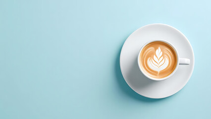 Cup of coffee on pastel blue background viewed from above