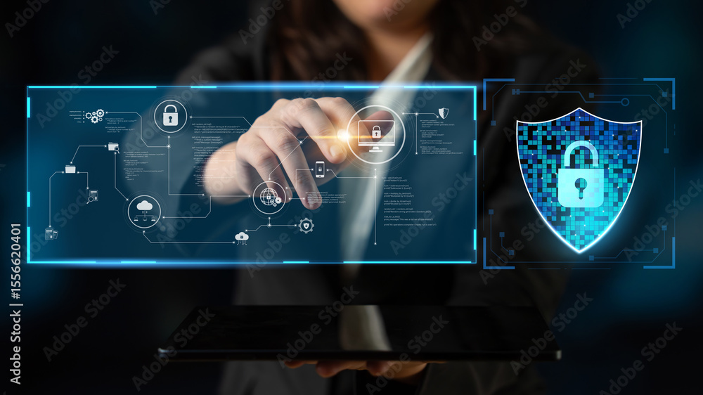 Poster cyber security protects against breaches, hacks, and network attacks using strong infrastructure and