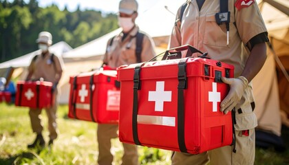 Obraz premium Emergency responders carrying first aid kits at outdoor disaster relief camp