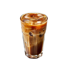 Iced coffee in clear glass with ice cubes, showcasing rich brown color and creamy texture, perfect for refreshing drink