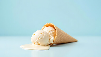 Melting Vanilla Ice Cream Cone on Blue Background