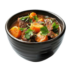 Fototapeta premium Delicious beef stew with tender meat, carrots, and fresh herbs in dark bowl, perfect for comforting meal