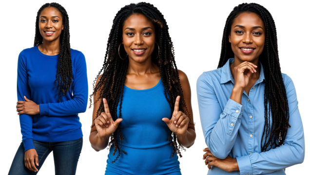 Different set of African woman in Blue outfits sweater shirt blouse dress top with black  braid hair isolated against transparent background - Powered by Adobe
