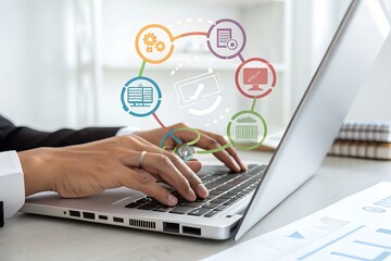 Businessman managing digital procurement process with contract, invoice, approval documents, representing B2B sourcing, vendor management, supply chain, e-procurement, paperless contract workflow.