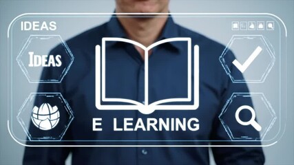 A person interacts with an e-learning platform emphasizing various educational ideas and digital resources. The display features icons representing knowledge, search, and global connectivity - Powered by Adobe