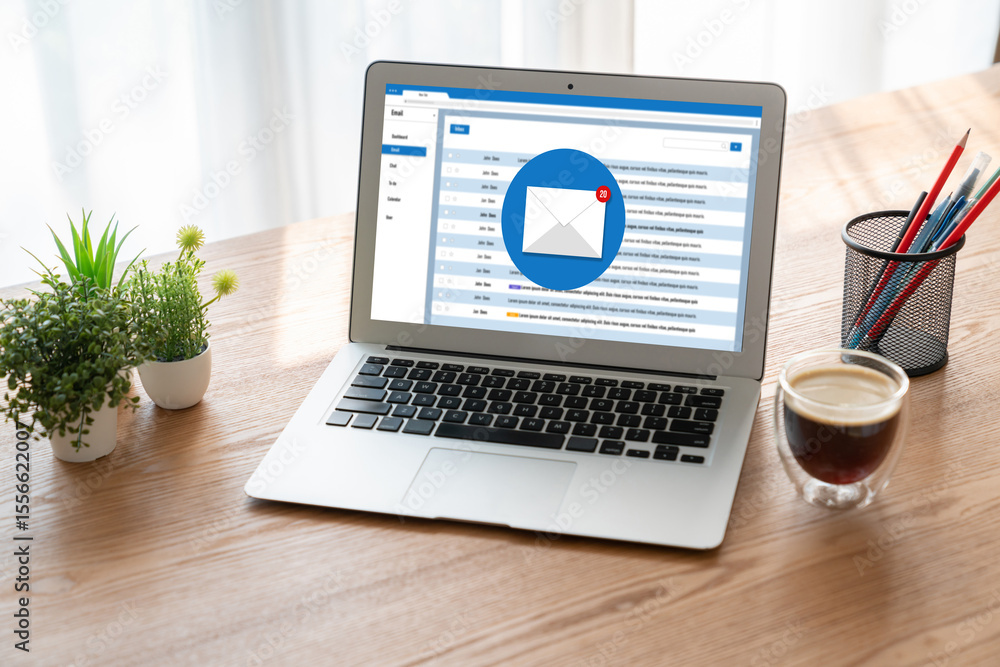 Poster email notification message showing on computer screen snugly. digital marketing message information 