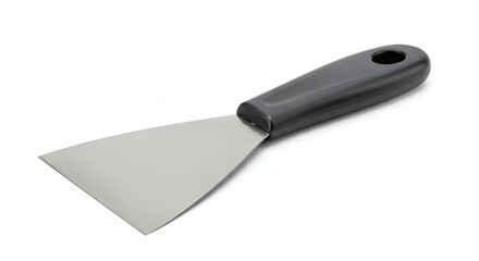Metal putty knife with dark gray handle