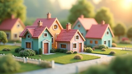 Realistic housing miniature models with detailed rooftops and windows, arranged on a wooden tabletop