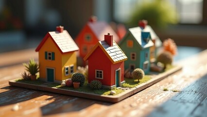 Realistic housing miniature models with detailed rooftops and windows, arranged on a wooden tabletop