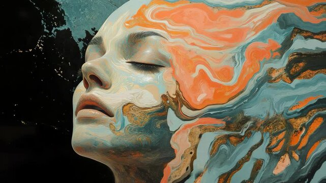 A painting of a woman 's face with her eyes closed