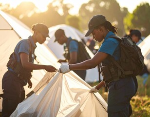 Camp workers setting up tents in sunlight during emergency response training event