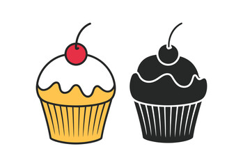 Two stylized cupcakes one in color and one in black and white with cherry on top