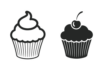 Two stylized black and white icons of cupcakes on a white background