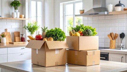 Fresh Produce in Cardboard Boxes on Kitchen Table Surrounded by Modern Appliances