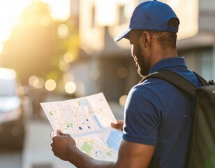 Man with backpack examines map outdoors in urban setting during sunset light