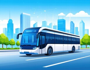 City Bus Driving on Modern Urban Street with Skyscrapers in Background and Clear Sky