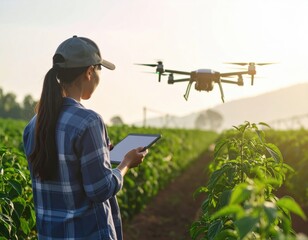 Agricultural Drone Flight Over Green Fields with Farmer Using Tablet for Monitoring