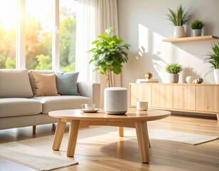 Cozy and Bright Living Room with Modern Furniture, Green Plants, and Natural Light