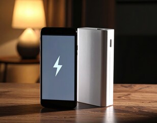 Mobile Phone and Power Bank Charging with Lightning Bolt Display in Dark Room