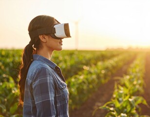 Young Woman in Virtual Reality Headset Observing Fields at Sunset in Agricultural Landscape