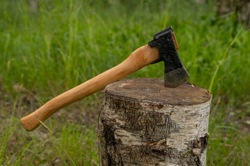Finnish axe in a birch forest.