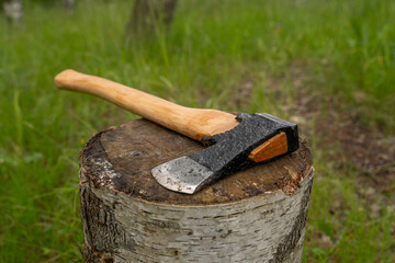 Finnish axe in a birch forest.