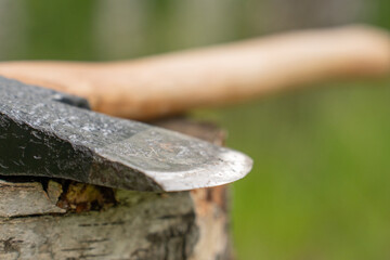 blade of a Finnish axe, close-up.