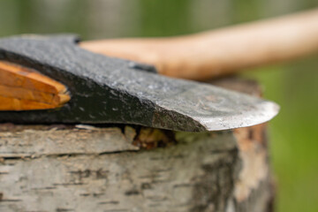 Finnish axe in a birch forest.