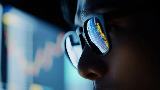Analyzing financial data reflected in glasses, showcasing technology and investment insight